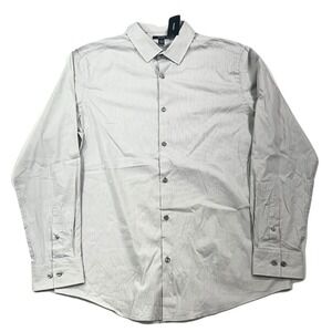 Alfani Dress Shirt Mens Large Grey Stripe Regular Fit 2-Way Stretch NEW